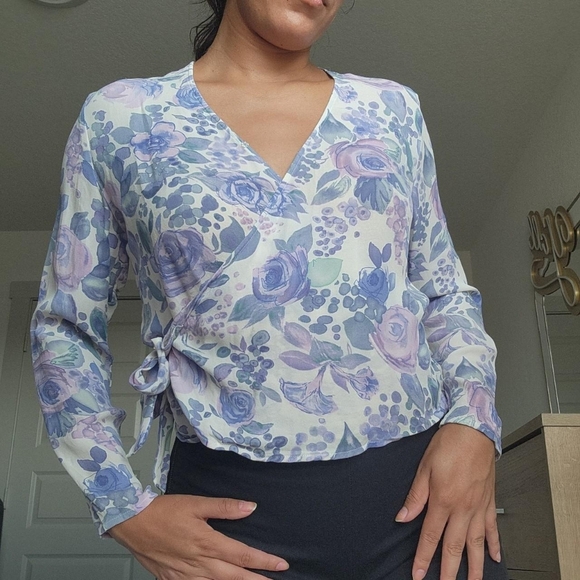 Petite Sophisticate Tops - Vintage Silk Floral V-Neck Wrap Top